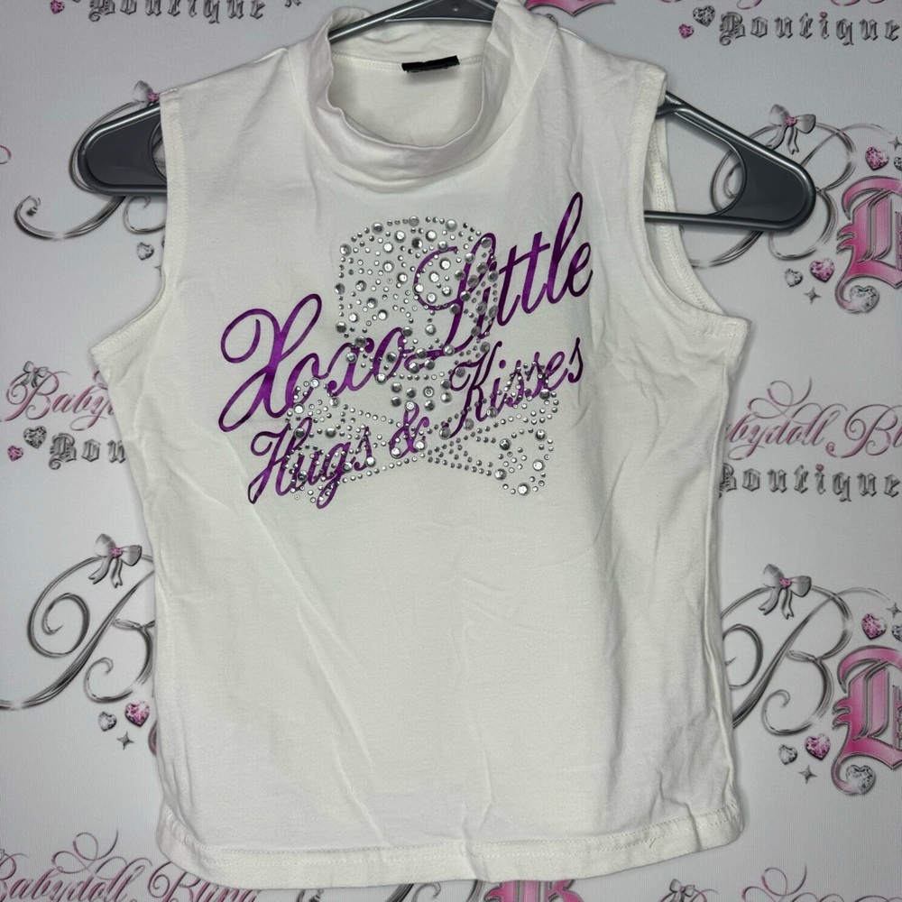 Xoxo hugs & kisses tank top bling holographic silver purple white mock neck y2k